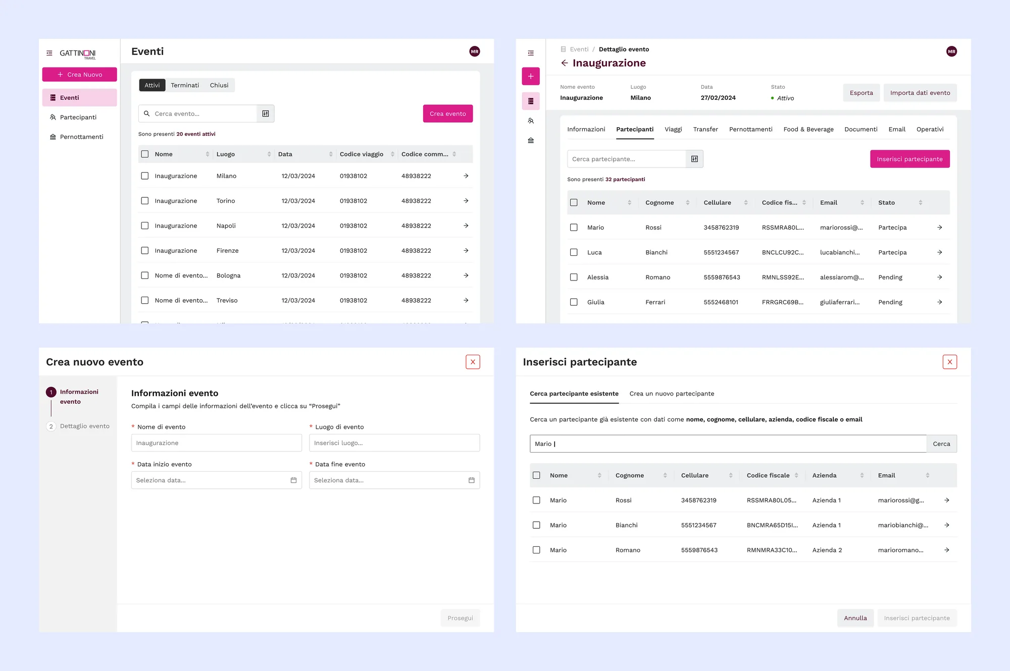 Quattro schermate della piattaforma: la lista eventi, un evento aperto sul tab Partecipanti accanto agli altri otto tab operativi, e i due modali per creare un evento e per aggiungere un partecipante cercandolo nel registro esistente.