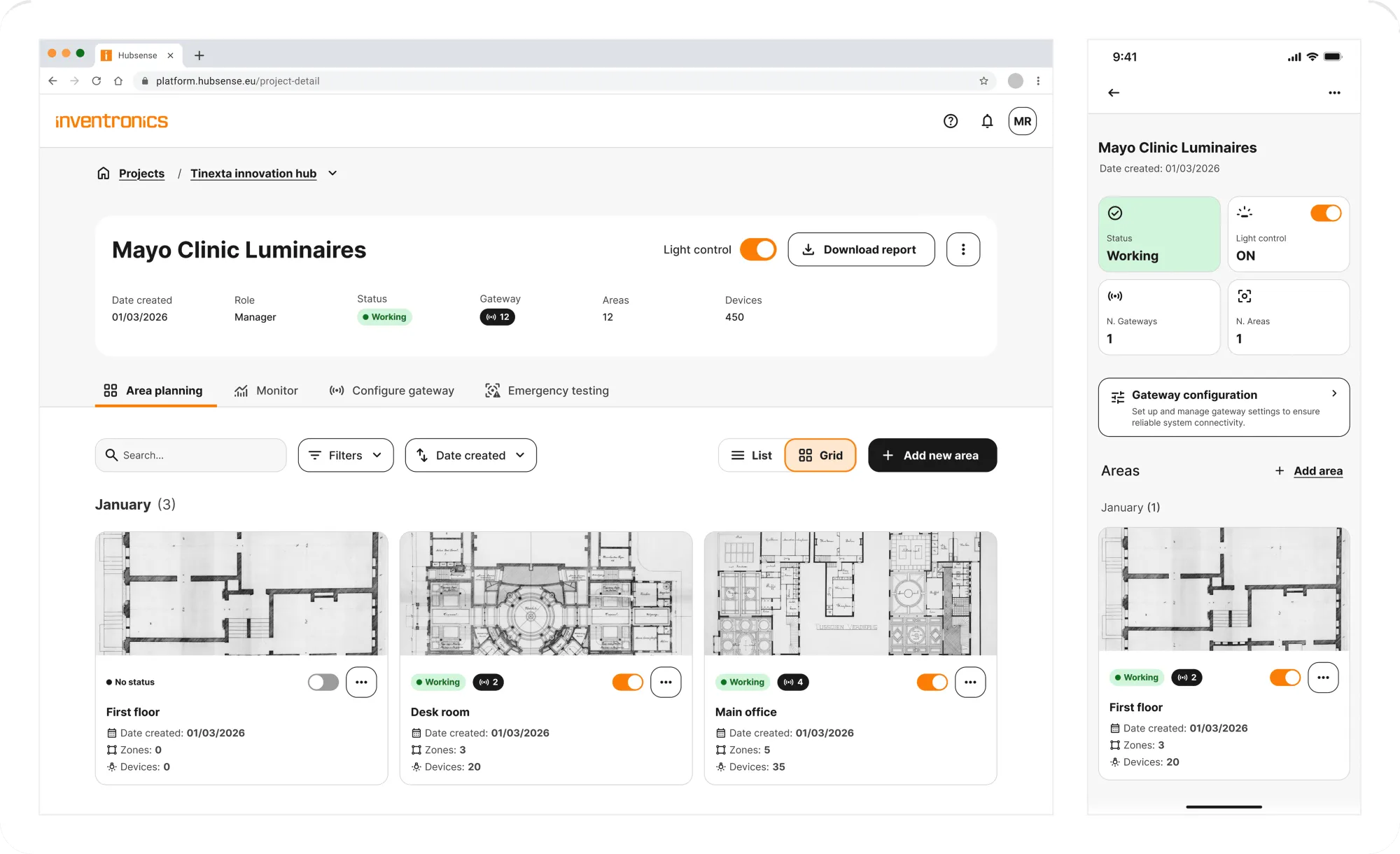 La pianificazione delle aree nella web app e lo stesso progetto su mobile: header con stato, gateway e numero di dispositivi, e una card di planimetria per ogni area.