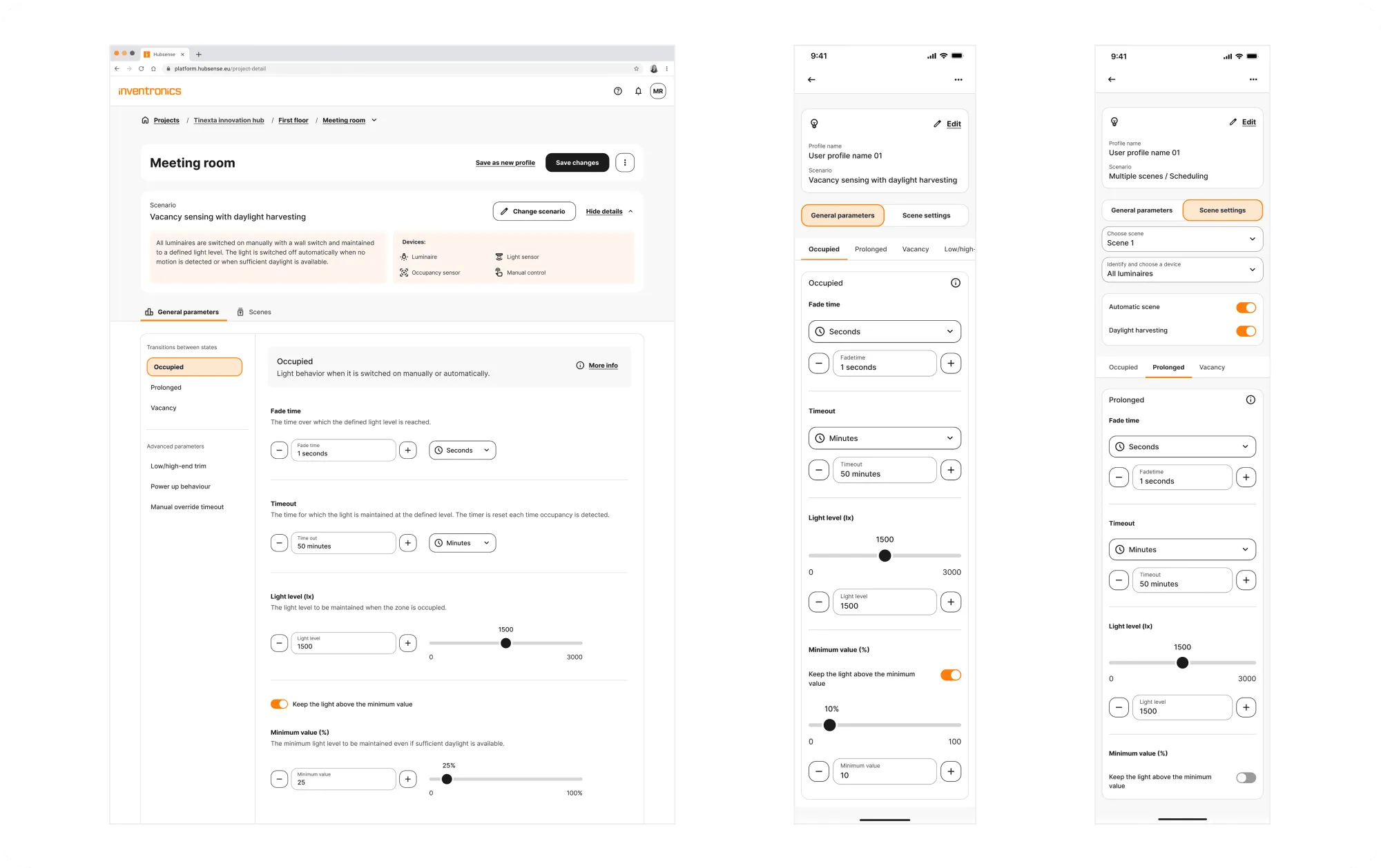 Le impostazioni di comportamento di una zona su web e mobile: scenario, fade time, timeout e livello di luce, con parametri generali e impostazioni di scena sul telefono.
