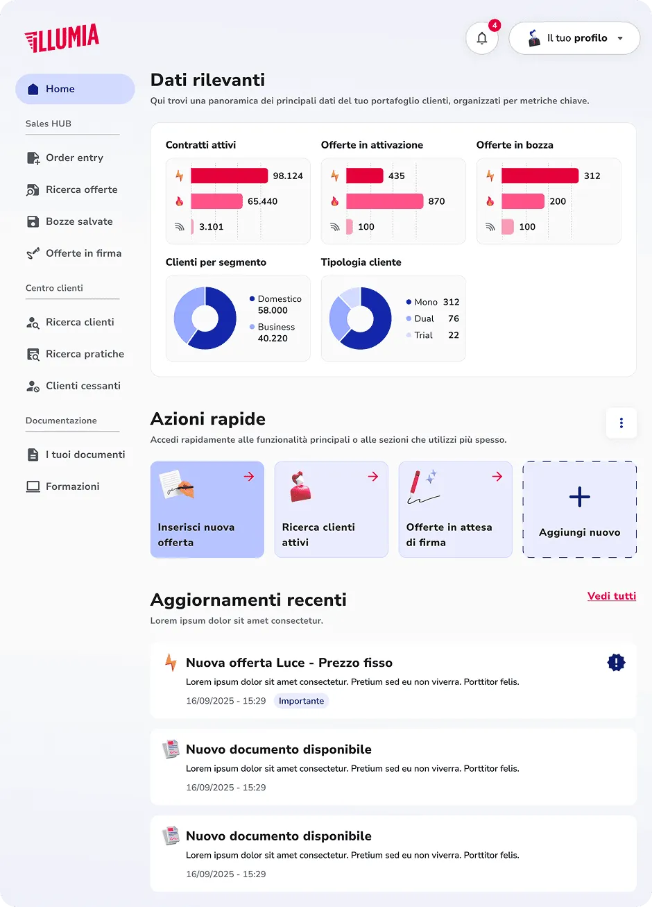 Agent home dashboard: sidebar with Sales Hub and client centre, contract and offer charts, quick actions and recent updates.