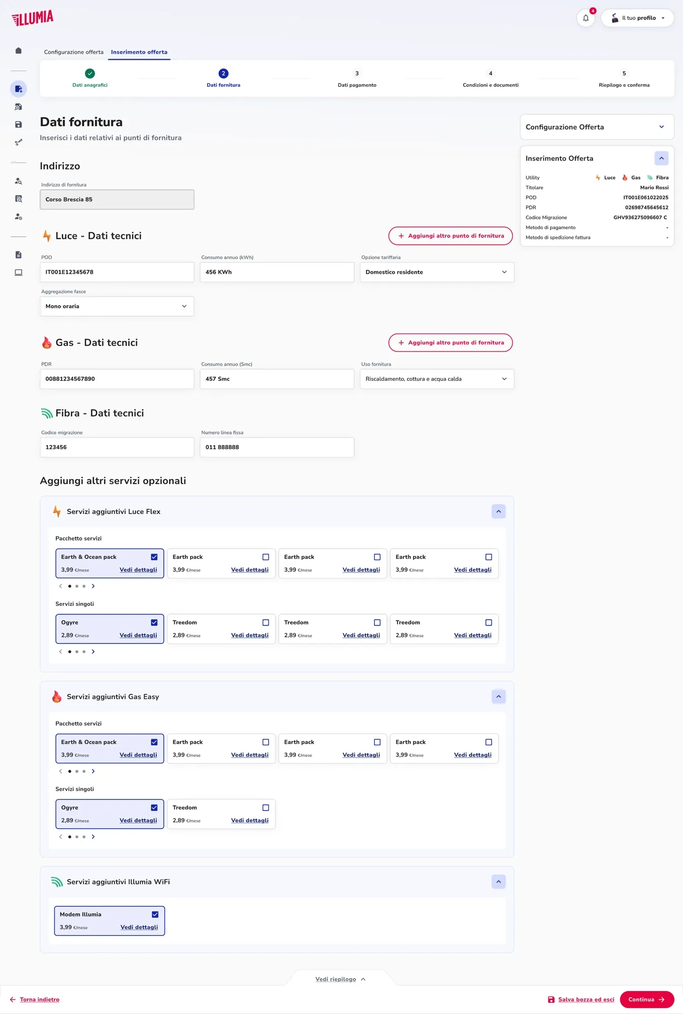 Supply data step of the offer wizard: address, technical fields for electricity, gas and fibre, optional service packs, and the offer summary panel alongside.