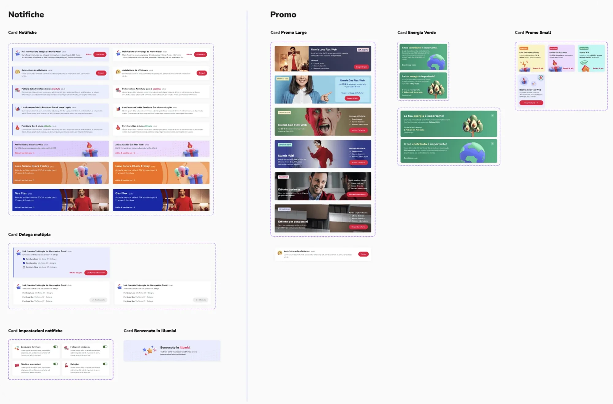 Design system components for notifications and promotions: notification cards, multiple delegation, settings and promo banners.