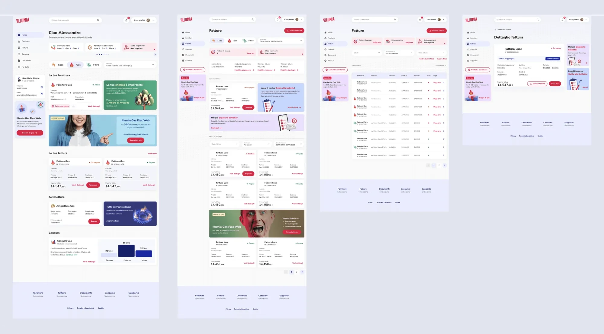 Desktop screens of the customer area: home with supply overview, bill list and bill detail.