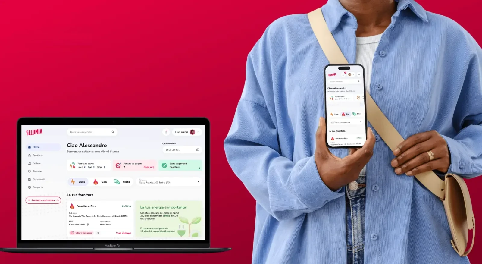 The Illumia customer area on a laptop and on a phone held by a woman, against the red brand background.