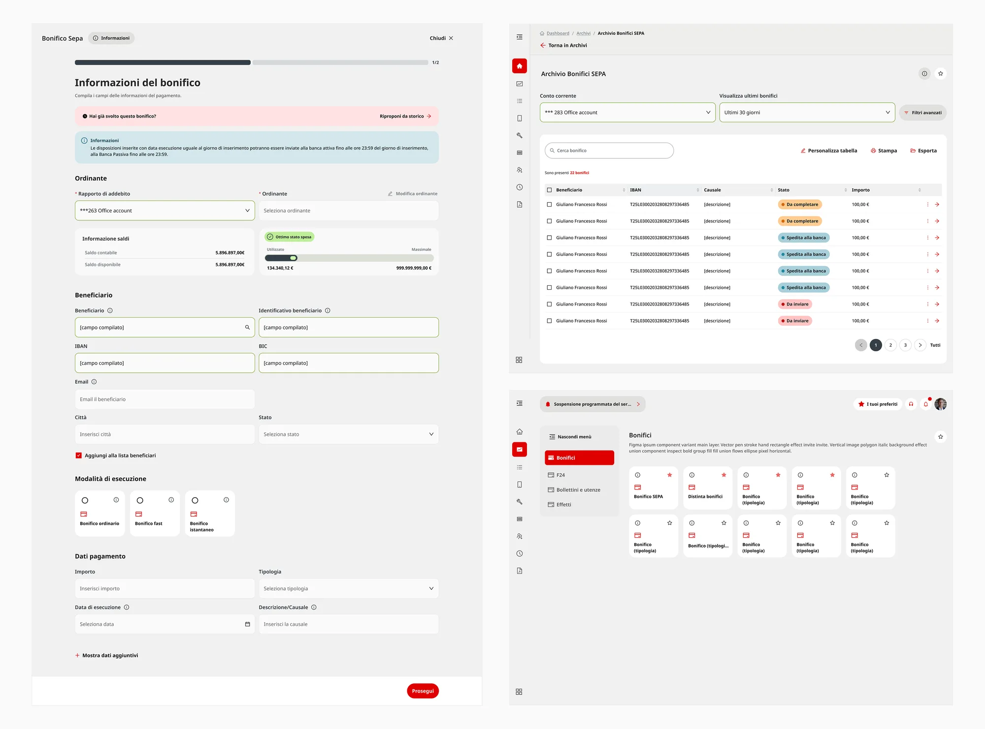 Tre schermate web del design system al lavoro: il modulo del bonifico SEPA con il pannello dei saldi, l’archivio dei bonifici SEPA come tabella filtrabile, e la sezione Pagamenti dell’Hub con le sue tessere di operazione.