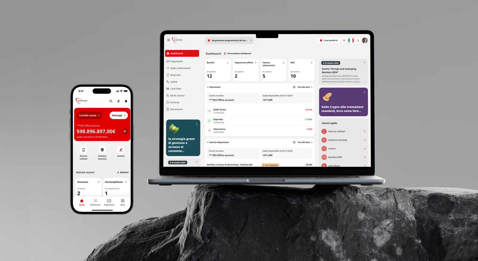 Un portatile appoggiato su una roccia mostra la dashboard web di SimplyMobile, e davanti a esso un telefono mostra la home dell’app con il saldo del conto.