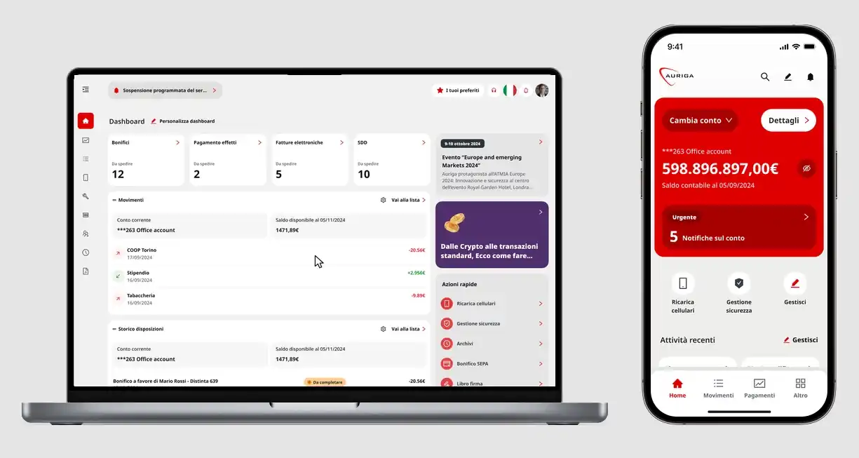 Un loop dei due touchpoint affiancati: sul portatile un cursore clicca e apre il menu laterale della dashboard web, poi entrambi scorrono fino in fondo, con il telefono che tiene ferme la barra in alto e quella delle schede mentre la home scorre in mezzo.